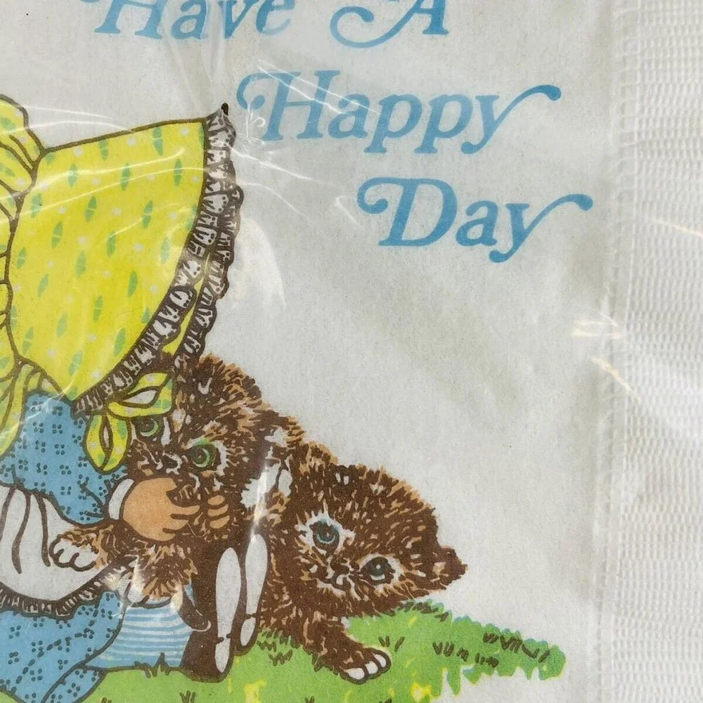 GRACELINE Luncheon Napkins Open 25 “Have A Happy Day” Girl With Kittens VINTAGE